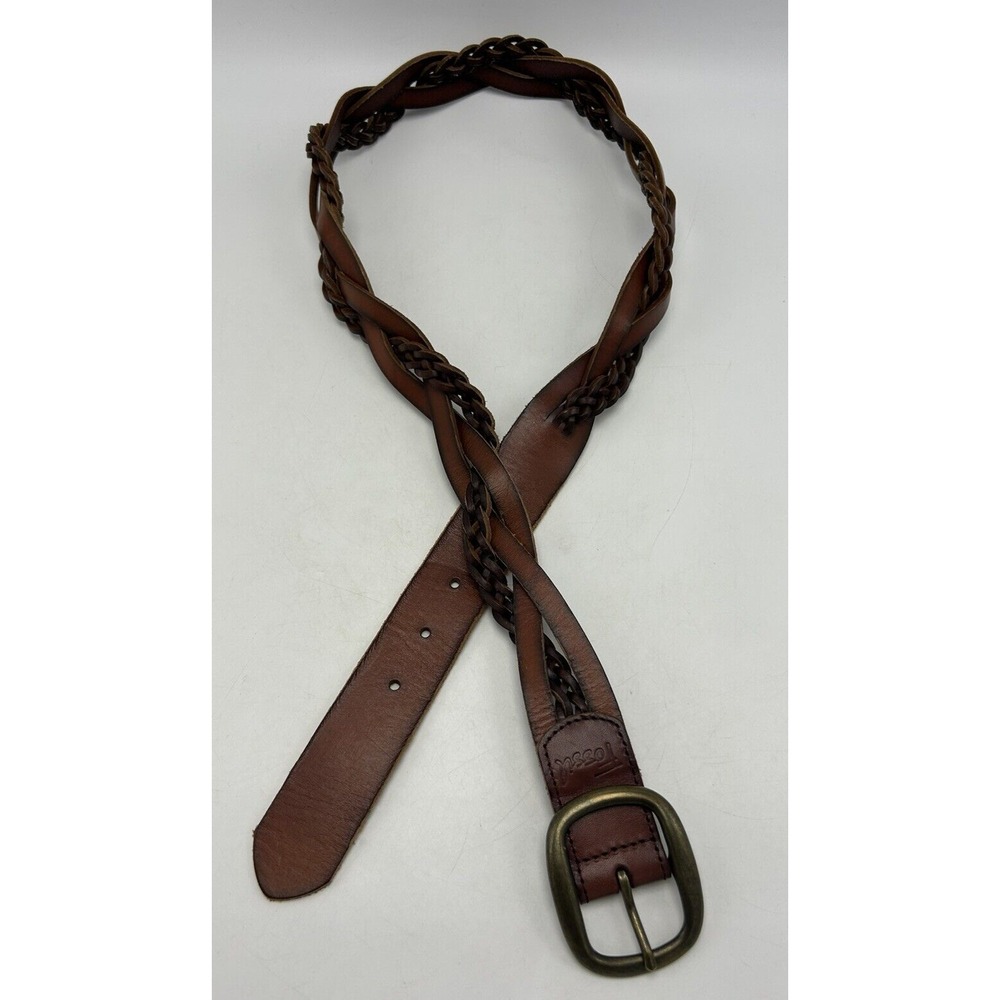 Fossil Womens Belt Braided Leather Woven Boho 1.25" Hippie 33"-37"